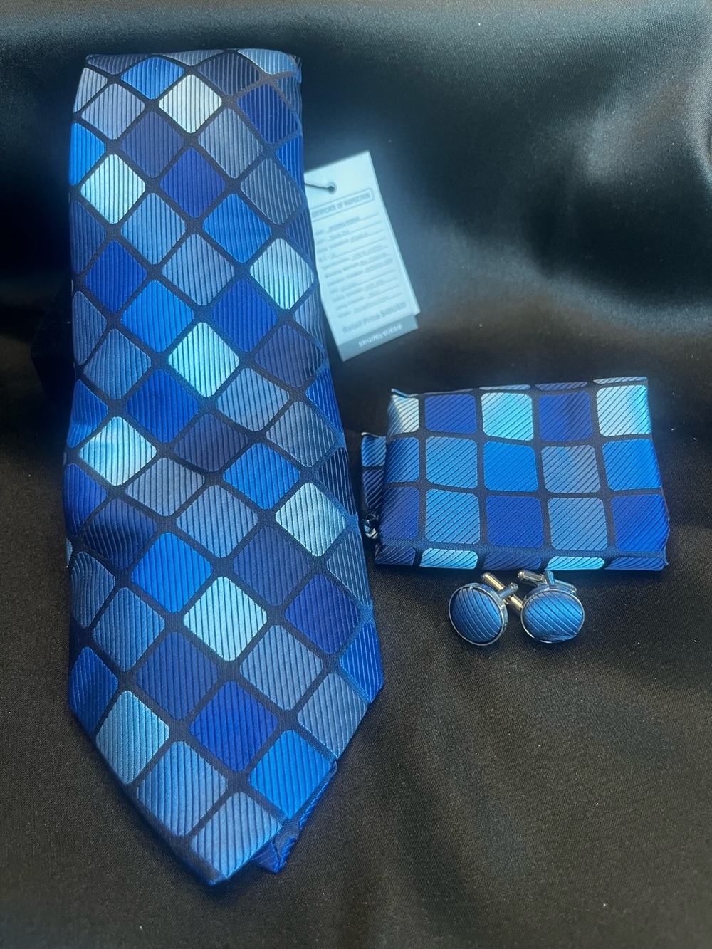 Blue Geometric Tie, Pocket Square & Cufflink Set - Men's Accessories